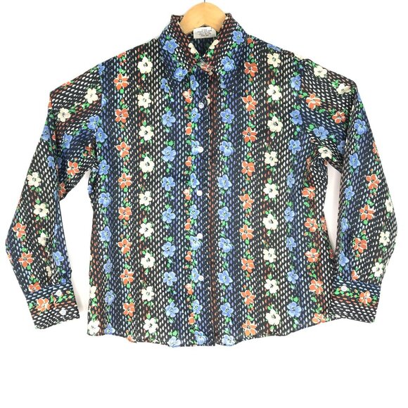Vtg KMart Button Front Shirt Mens L 38 Long Sleeve Polka Dot Floral Blue White - Picture 1 of 9